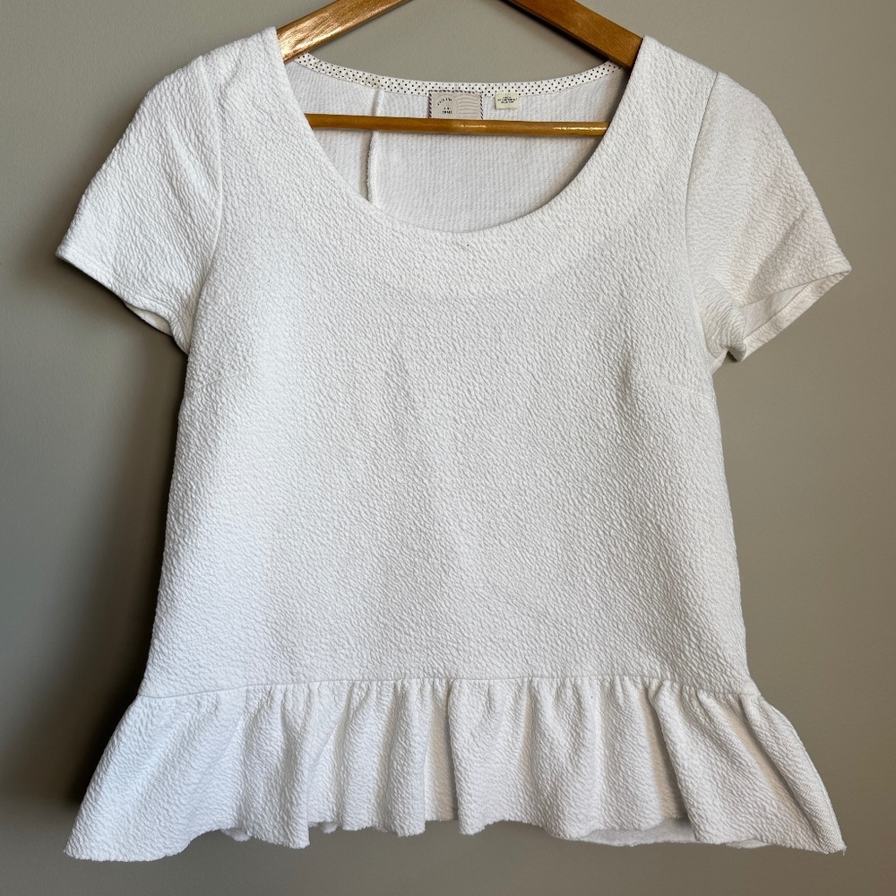 Anthropologie Postmark Short Sleeve Textured Peplum Top‎ White Small Scoop Neck